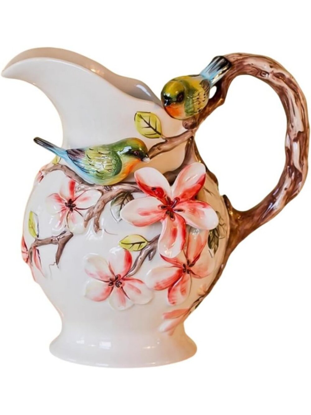 Hand-Painted Ceramic Water Pitcher Vase, 3D Magnolia & Bird Decor, 11.8" Pink